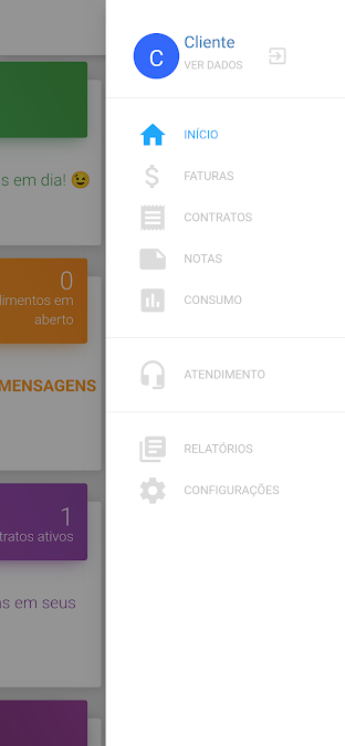 Menu de autoatendimento do aplicativo Mega IP Internet